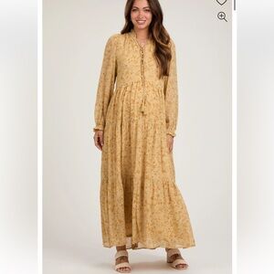 Yellow Floral Chiffon Front Tie Tiered Maternity Maxi Dress pink blush maternity